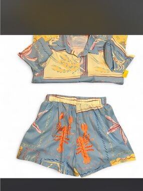 Women's Blue & Orange Printed Bodysuit Set - Casual Beach Style